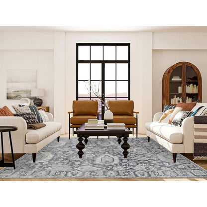 Oushak And Peshawar Wool & Silk Hand Knotted Rug Grey Charcoal Gray 7.10X10.2 -O080385
