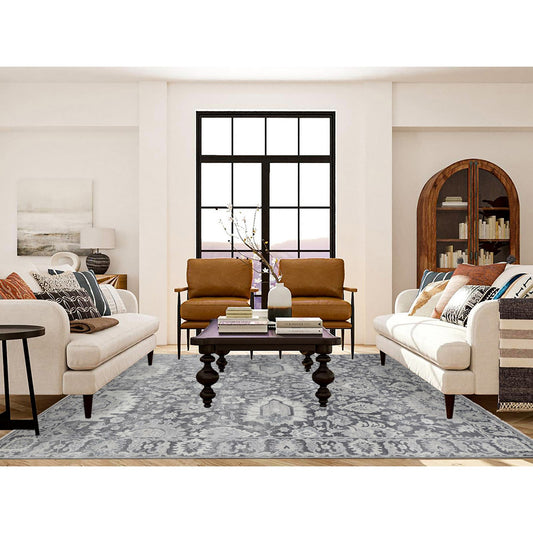 Oushak And Peshawar Wool & Silk Hand Knotted Rug Grey Charcoal Gray 7.10X10.2 -O080385
