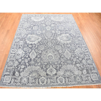 Oushak And Peshawar Wool & Silk Hand Knotted Rug Grey Charcoal Gray 7.10X10.2 -O080385