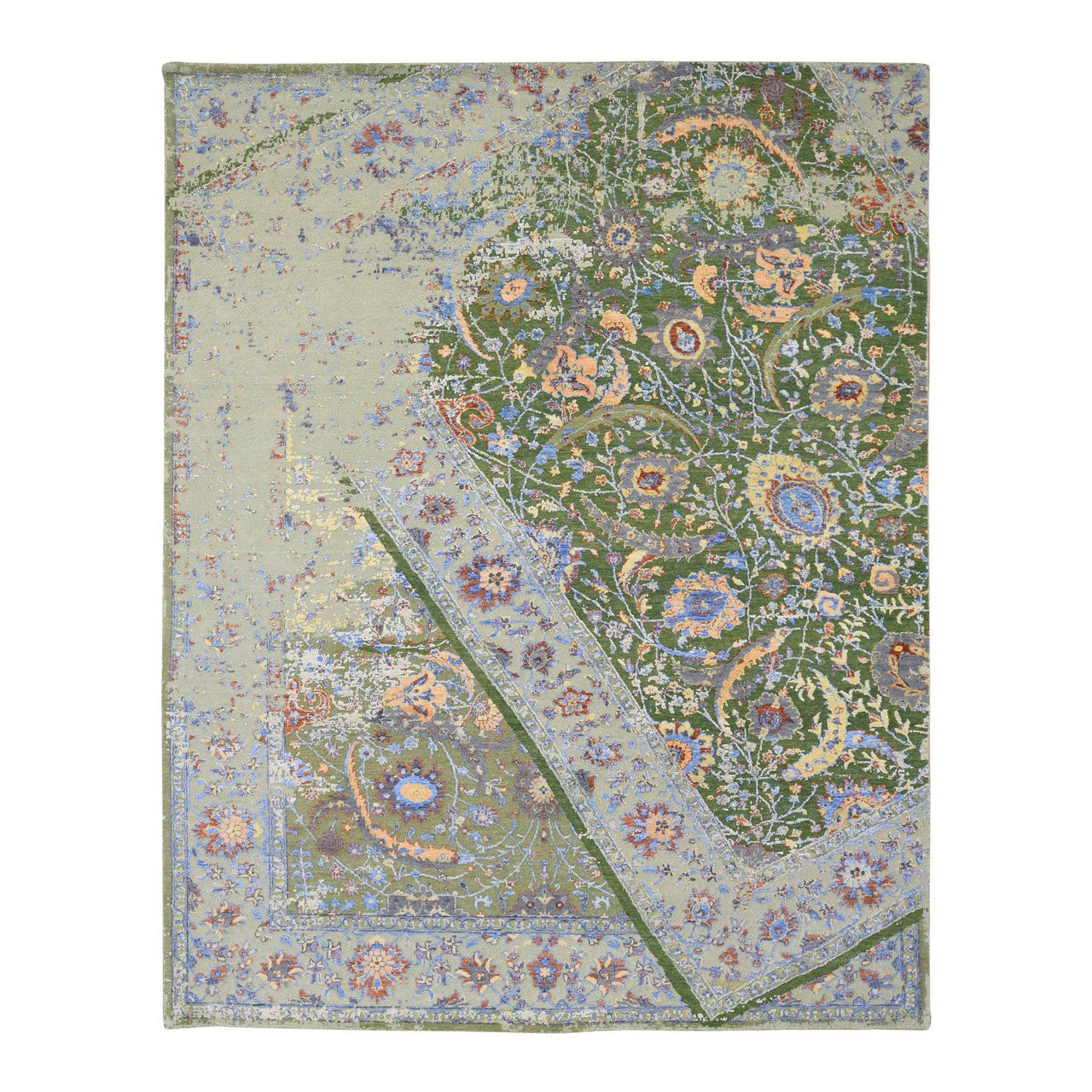 Green 7'9" x 9'10" Transitional Hand knotted Wool/Silk Rug - Sku: O080388