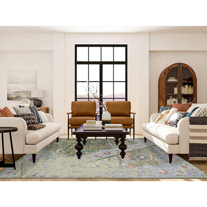 Transitional Wool & Silk Hand Knotted Rug Green No Border 7.9X9.10 -O080388