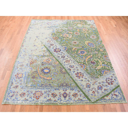 Transitional Wool & Silk Hand Knotted Rug Green No Border 7.9X9.10 -O080388