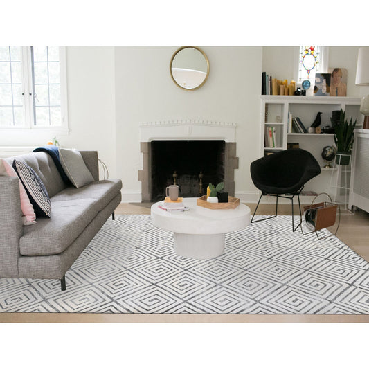 Modern and Contemporary Wool & Silk Hand Knotted Rug Ivory No Border 9.0X12.0 -O080447