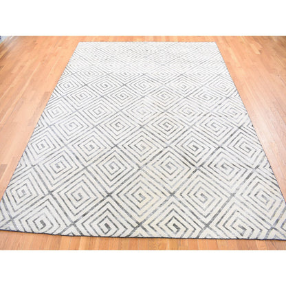 Modern and Contemporary Wool & Silk Hand Knotted Rug Ivory No Border 9.0X12.0 -O080447
