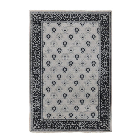 Oushak And Peshawar Wool Hand Knotted Rug Ivory Black 6.0X9.0 -O080504