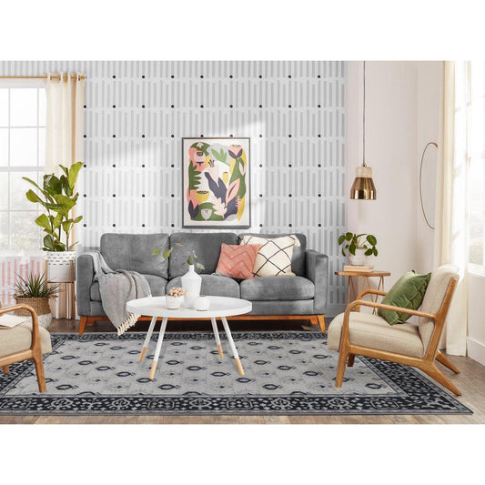 Oushak And Peshawar Wool Hand Knotted Rug Ivory Black 6.0X9.0 -O080504