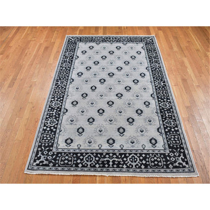 Oushak And Peshawar Wool Hand Knotted Rug Ivory Black 6.0X9.0 -O080504