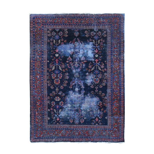 Antique Wool Hand Knotted Rug Blue Rust Red 7.0X9.6 -O080531