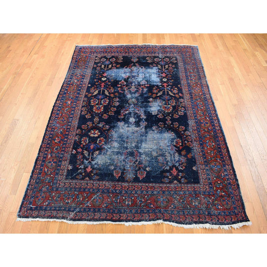 Antique Wool Hand Knotted Rug Blue Rust Red 7.0X9.6 -O080531