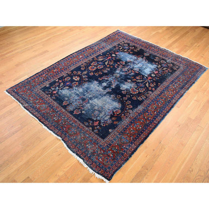 Antique Wool Hand Knotted Rug Blue Rust Red 7.0X9.6 -O080531