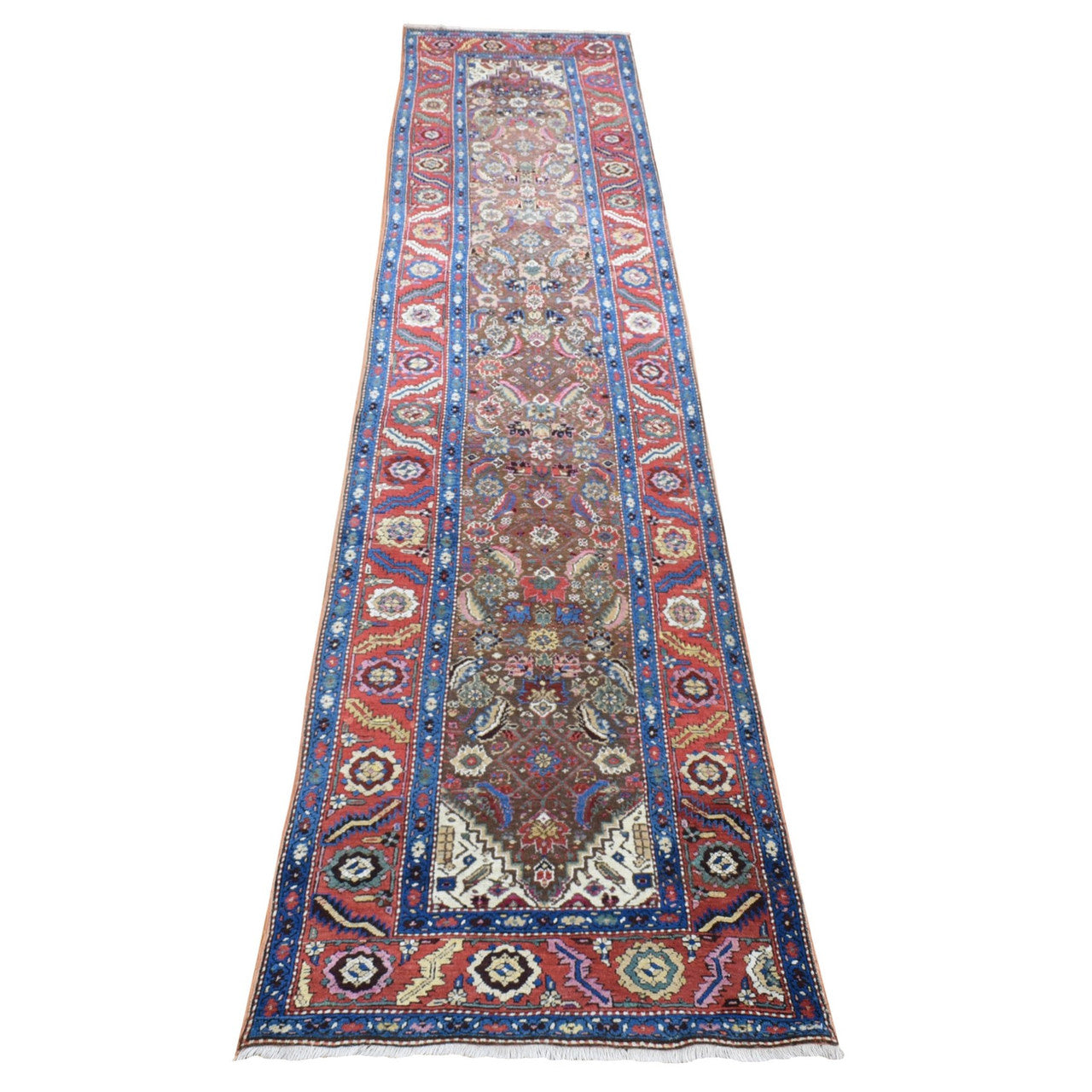 Antique Wool Hand Knotted Rug Brown Red 3.0X13.6 -O080592