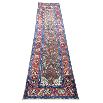 Antique Wool Hand Knotted Rug Brown Red 3.0X13.6 -O080592