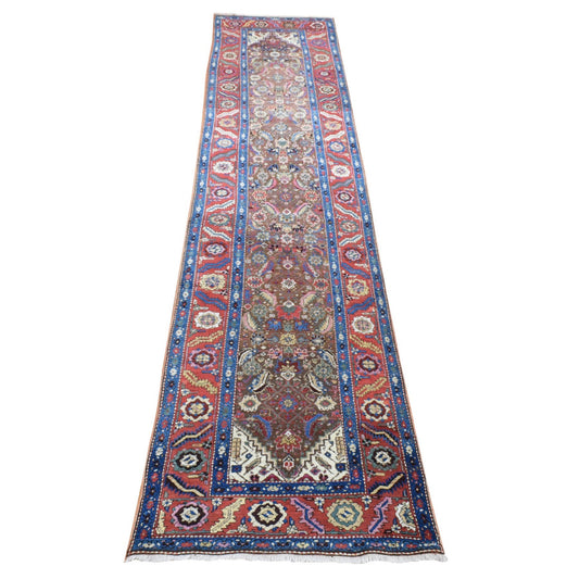 Antique Wool Hand Knotted Rug Brown Red 3.0X13.6 -O080592