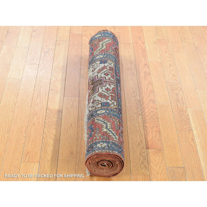 Antique Wool Hand Knotted Rug Brown Red 3.0X13.6 -O080592