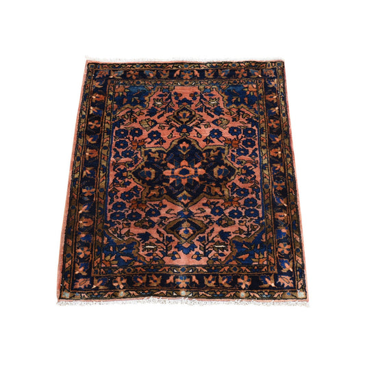 Antique Wool Hand Knotted Rug Red Navy Blue 2.1X2.7 -O080593