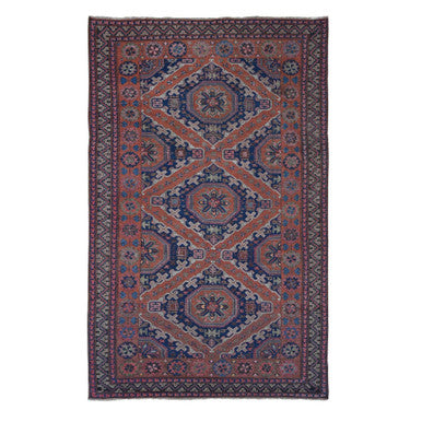 Tribal & Geometric Wool Hand Knotted Rug Red Midnight Blue 7.0X11.0 -O080599