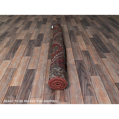 Overdyed & Vintage Wool Hand Knotted Rug Red 4.11x9.2 -O0805