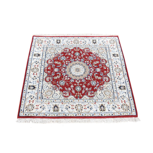 Fine Oriental Wool Hand Knotted Rug Red Ivory 3.1X3.2 -O080626