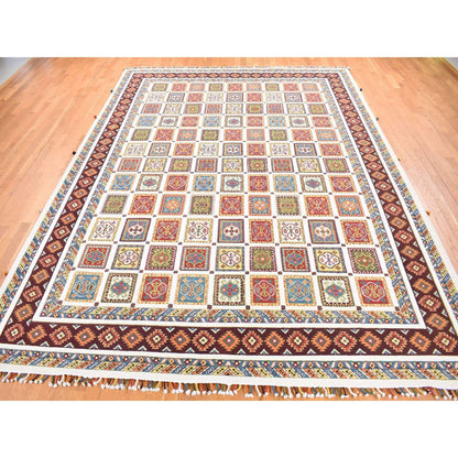 Tribal & Geometric Wool Hand Knotted Rug Ivory Chocolate Brown 10.0X14.0 -O080637