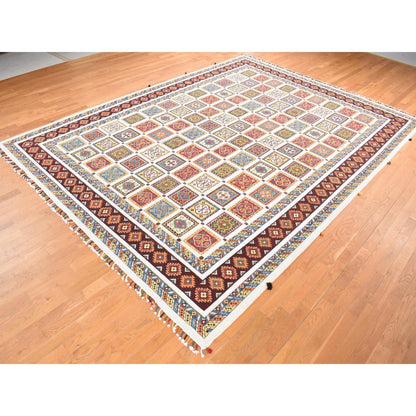Tribal & Geometric Wool Hand Knotted Rug Ivory Chocolate Brown 10.0X14.0 -O080637