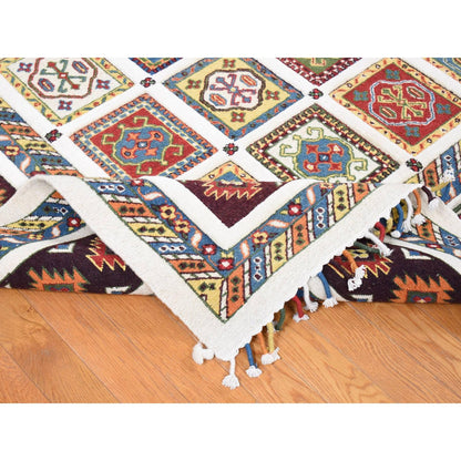 Tribal & Geometric Wool Hand Knotted Rug Ivory Chocolate Brown 10.0X14.0 -O080637