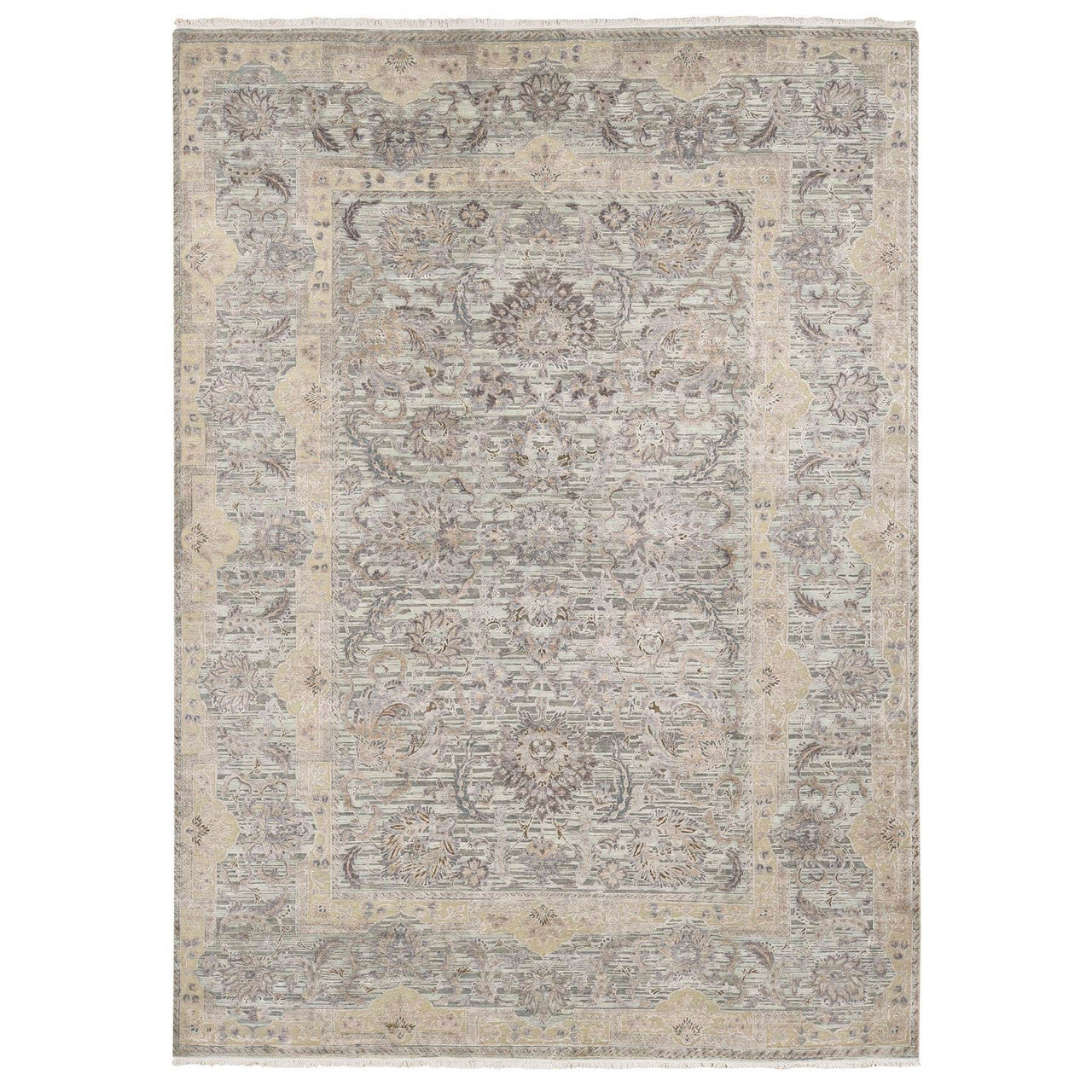 Oushak And Peshawar Wool & Pure Silk Hand Knotted Rug Green Aqua Form 10.0X14.0 -O080640
