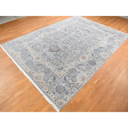 Oushak And Peshawar Wool & Pure Silk Hand Knotted Rug Green Aqua Form 10.0X14.0 -O080640