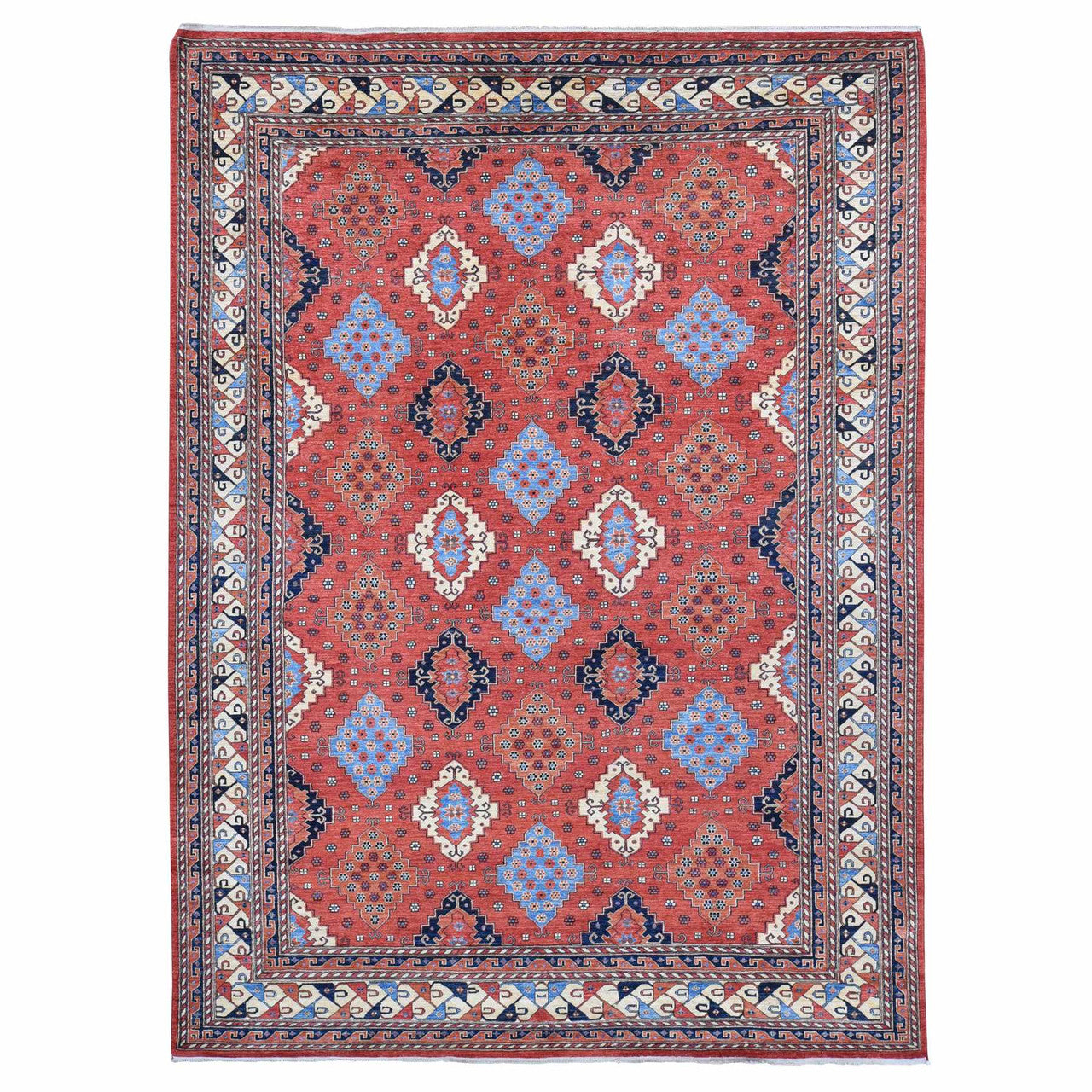 Tribal & Geometric Wool Hand Knotted Rug Red Ivory 10.0X14.0 -O080642