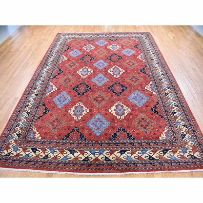 Tribal & Geometric Wool Hand Knotted Rug Red Ivory 10.0X14.0 -O080642
