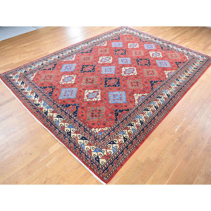 Tribal & Geometric Wool Hand Knotted Rug Red Ivory 10.0X14.0 -O080642