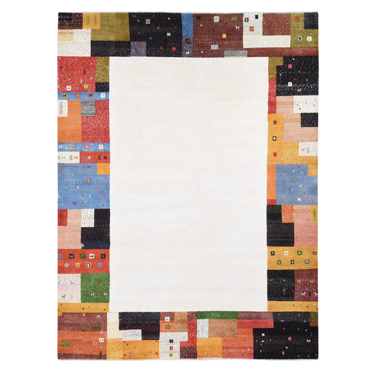Modern and Contemporary Wool Hand Knotted Rug Ivory Multicolored 9.8X13.5 -O080646
