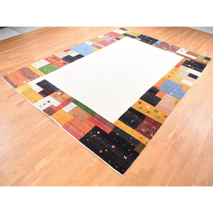 Modern and Contemporary Wool Hand Knotted Rug Ivory Multicolored 9.8X13.5 -O080646