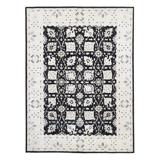 Oushak And Peshawar Wool Hand Knotted Rug Black Ivory 8.10X12.0 -O080651