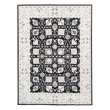 Oushak And Peshawar Wool Hand Knotted Rug Black Ivory 8.10X12.0 -O080651