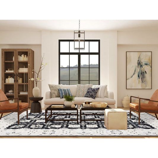 Oushak And Peshawar Wool Hand Knotted Rug Black Ivory 8.10X12.0 -O080651