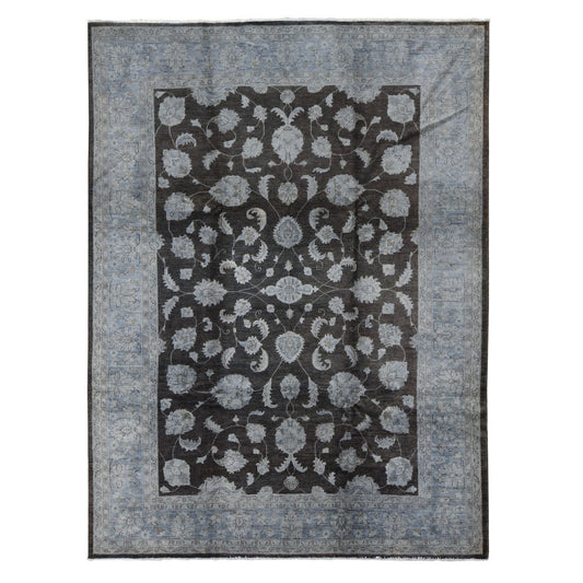Overdyed & Vintage Wool Hand Knotted Rug Black Silver Blue 9.0X12.0 -O080660