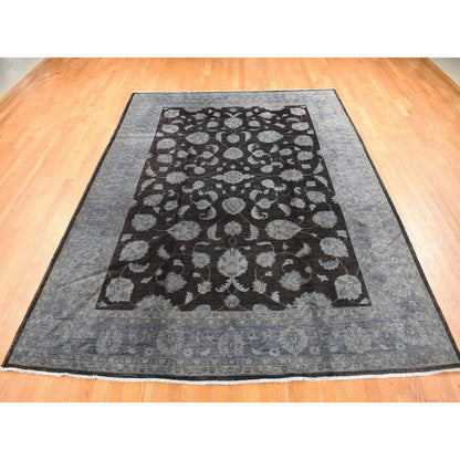 Overdyed & Vintage Wool Hand Knotted Rug Black Silver Blue 9.0X12.0 -O080660