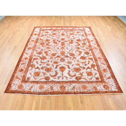 Overdyed & Vintage Wool Hand Knotted Rug Orange Ivory 8.1X10.9 -O080665