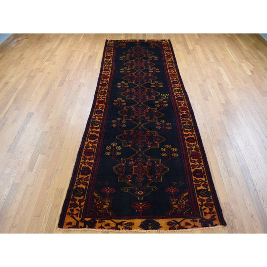 Overdyed & Vintage Wool Hand Knotted Rug Blue Orange  5.1X13.3 -O080668