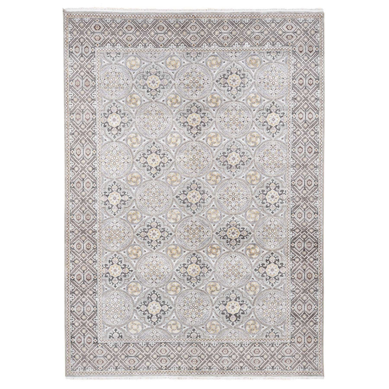 Transitional Wool & Silk Hand Knotted Rug Ivory Gray 10.1X14.2 -O080686
