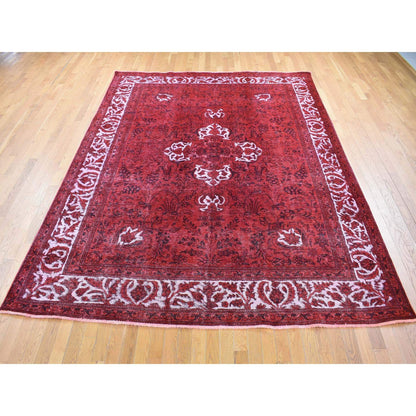 Overdyed & Vintage Wool Hand Knotted Rug Red Ivory 8.7X10.8 -O080695