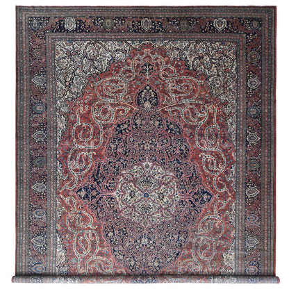 Antique Wool Hand Knotted Rug Red Midnight Blue 14.3X20.3 -O080699