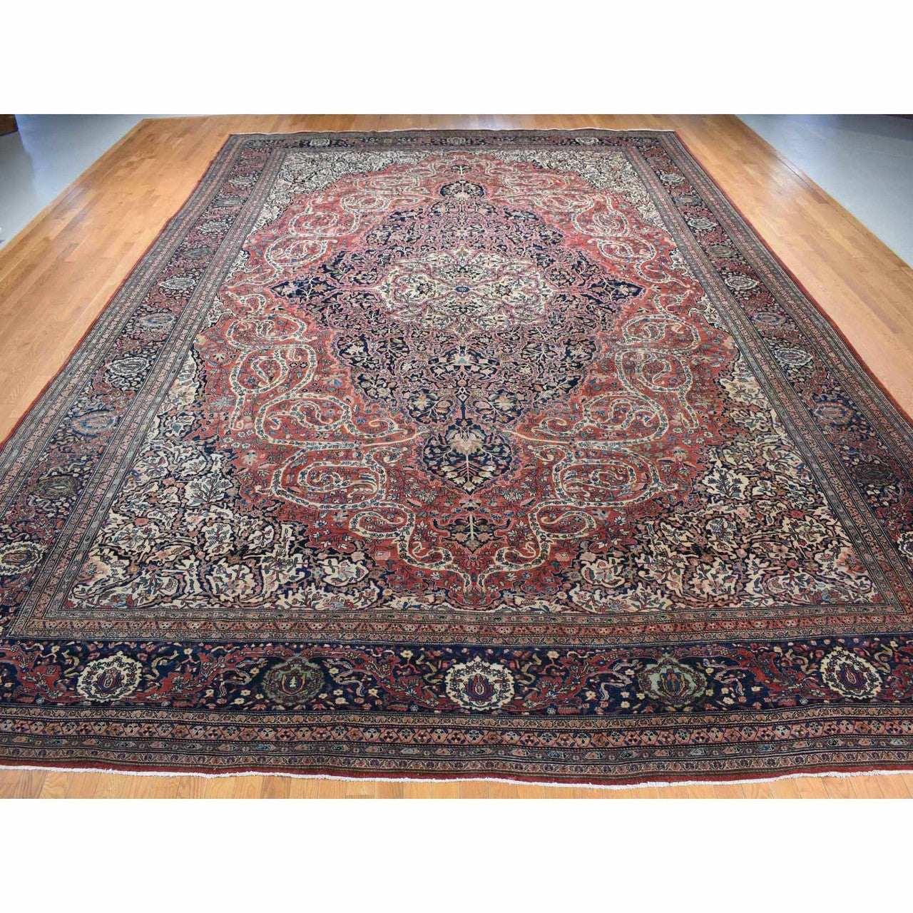 Antique Wool Hand Knotted Rug Red Midnight Blue 14.3X20.3 -O080699