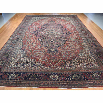 Antique Wool Hand Knotted Rug Red Midnight Blue 14.3X20.3 -O080699