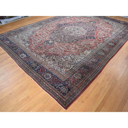 Antique Wool Hand Knotted Rug Red Midnight Blue 14.3X20.3 -O080699