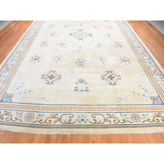 Antique Wool Hand Knotted Rug Ivory Ivory 13.9X23.5 -O080701