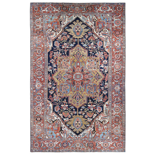 Antique Wool Hand Knotted Rug Blue Red 11.0X17.6 -O080702