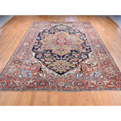 Antique Wool Hand Knotted Rug Blue Red 11.0X17.6 -O080702