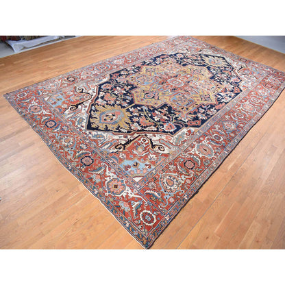 Antique Wool Hand Knotted Rug Blue Red 11.0X17.6 -O080702