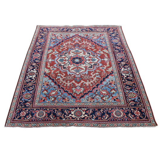 Antique Wool Hand Knotted Rug Red Midnight Blue 4.9X5.9 -O080708